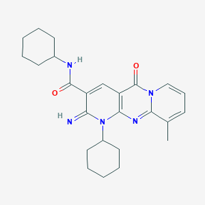 molecular formula C25H31N5O2 B2382920 N,7-dicyclohexyl-6-imino-11-methyl-2-oxo-1,7,9-triazatricyclo[8.4.0.03,8]tetradeca-3(8),4,9,11,13-pentaene-5-carboxamide CAS No. 617694-54-9