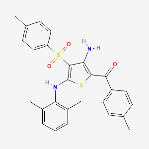 molecular formula C27H26N2O3S2 B2382923 (3-Amino-5-((2,6-dimethylphenyl)amino)-4-tosylthiophen-2-yl)(p-tolyl)methanone CAS No. 890818-15-2