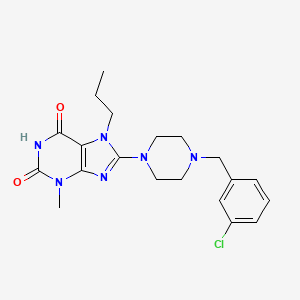 molecular formula C20H25ClN6O2 B2382933 8-[4-[(3-Chlorophenyl)methyl]piperazin-1-yl]-3-methyl-7-propylpurine-2,6-dione CAS No. 887030-05-9