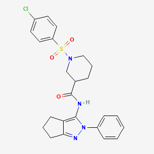 molecular formula C24H25ClN4O3S B2382987 1-((4-chlorophenyl)sulfonyl)-N-(2-phenyl-2,4,5,6-tetrahydrocyclopenta[c]pyrazol-3-yl)piperidine-3-carboxamide CAS No. 1209412-79-2