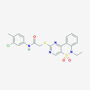 molecular formula C21H19ClN4O3S2 B2383005 N-(3-chloro-4-methylphenyl)-2-((6-ethyl-5,5-dioxido-6H-benzo[c]pyrimido[4,5-e][1,2]thiazin-2-yl)thio)acetamide CAS No. 951578-19-1