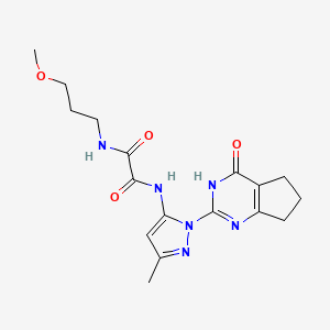 molecular formula C17H22N6O4 B2383008 N1-(3-methoxypropyl)-N2-(3-methyl-1-(4-oxo-4,5,6,7-tetrahydro-3H-cyclopenta[d]pyrimidin-2-yl)-1H-pyrazol-5-yl)oxalamide CAS No. 1014046-20-8