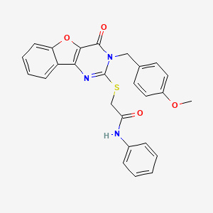 molecular formula C26H21N3O4S B2383011 2-({5-[(4-methoxyphenyl)methyl]-6-oxo-8-oxa-3,5-diazatricyclo[7.4.0.0^{2,7}]trideca-1(9),2(7),3,10,12-pentaen-4-yl}sulfanyl)-N-phenylacetamide CAS No. 866873-70-3