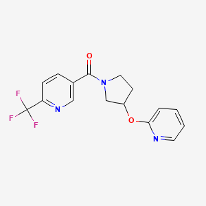 molecular formula C16H14F3N3O2 B2383014 (3-(Pyridin-2-yloxy)pyrrolidin-1-yl)(6-(trifluoromethyl)pyridin-3-yl)methanone CAS No. 1903032-32-5