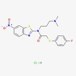 molecular formula C20H22ClFN4O3S2 B2383068 N-(3-(dimethylamino)propyl)-2-((4-fluorophenyl)thio)-N-(6-nitrobenzo[d]thiazol-2-yl)acetamide hydrochloride CAS No. 1215557-23-5