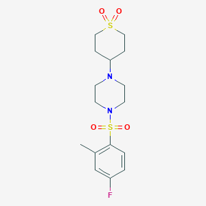 molecular formula C16H23FN2O4S2 B2383074 4-(4-((4-fluoro-2-methylphenyl)sulfonyl)piperazin-1-yl)tetrahydro-2H-thiopyran 1,1-dioxide CAS No. 1903286-14-5