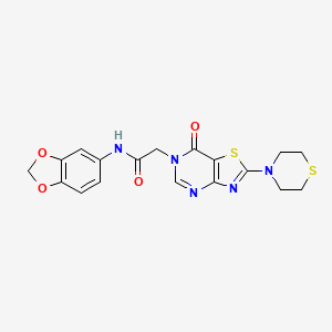molecular formula C18H17N5O4S2 B2383144 N-(2H-1,3-benzodioxol-5-yl)-2-[7-oxo-2-(thiomorpholin-4-yl)-6H,7H-[1,3]thiazolo[4,5-d]pyrimidin-6-yl]acetamide CAS No. 1224015-30-8
