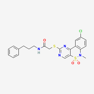 molecular formula C22H21ClN4O3S2 B2383152 2-((9-chloro-6-methyl-5,5-dioxido-6H-benzo[c]pyrimido[4,5-e][1,2]thiazin-2-yl)thio)-N-(3-phenylpropyl)acetamide CAS No. 1111245-18-1