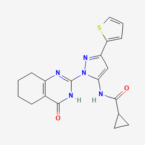 molecular formula C19H19N5O2S B2383180 N-(1-(4-oxo-3,4,5,6,7,8-hexahydroquinazolin-2-yl)-3-(thiophen-2-yl)-1H-pyrazol-5-yl)cyclopropanecarboxamide CAS No. 1207015-10-8
