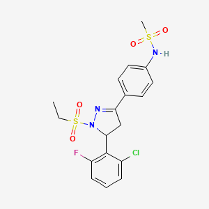 molecular formula C18H19ClFN3O4S2 B2383200 N-(4-(5-(2-chloro-6-fluorophenyl)-1-(ethylsulfonyl)-4,5-dihydro-1H-pyrazol-3-yl)phenyl)methanesulfonamide CAS No. 724437-73-4