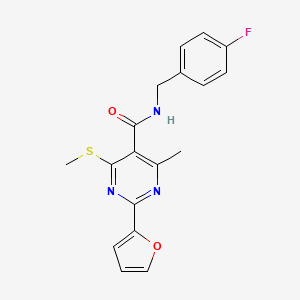 molecular formula C18H16FN3O2S B2383230 N-[(4-fluorophenyl)methyl]-2-(furan-2-yl)-4-methyl-6-(methylsulfanyl)pyrimidine-5-carboxamide CAS No. 1030229-79-8