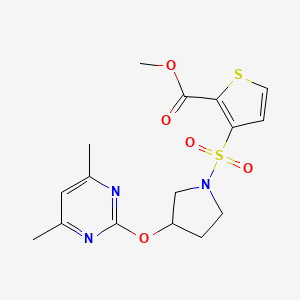 molecular formula C16H19N3O5S2 B2383253 Methyl 3-((3-((4,6-dimethylpyrimidin-2-yl)oxy)pyrrolidin-1-yl)sulfonyl)thiophene-2-carboxylate CAS No. 2034435-34-0