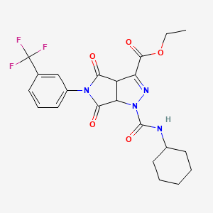 molecular formula C22H23F3N4O5 B2383304 Ethyl 1-[(cyclohexylamino)carbonyl]-4,6-dioxo-5-[3-(trifluoromethyl)phenyl]-1,3a,4,5,6,6a-hexahydropyrrolo[3,4-c]pyrazole-3-carboxylate CAS No. 318237-94-4