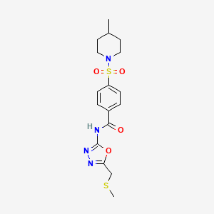 molecular formula C17H22N4O4S2 B2383336 4-(4-methylpiperidin-1-yl)sulfonyl-N-[5-(methylsulfanylmethyl)-1,3,4-oxadiazol-2-yl]benzamide CAS No. 850936-37-7