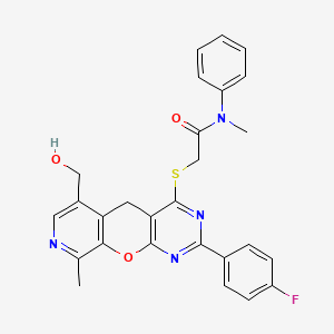 molecular formula C27H23FN4O3S B2383383 2-{[5-(4-fluorophenyl)-11-(hydroxymethyl)-14-methyl-2-oxa-4,6,13-triazatricyclo[8.4.0.0^{3,8}]tetradeca-1(10),3(8),4,6,11,13-hexaen-7-yl]sulfanyl}-N-methyl-N-phenylacetamide CAS No. 2097888-71-4