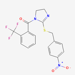 molecular formula C18H14F3N3O3S B2383395 [2-[(4-Nitrophenyl)methylsulfanyl]-4,5-dihydroimidazol-1-yl]-[2-(trifluoromethyl)phenyl]methanone CAS No. 851802-39-6