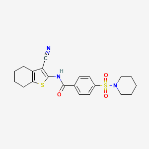 molecular formula C21H23N3O3S2 B2383415 N-(3-cyano(4,5,6,7-tetrahydrobenzo[b]thiophen-2-yl))[4-(piperidylsulfonyl)phen yl]carboxamide CAS No. 307338-93-8
