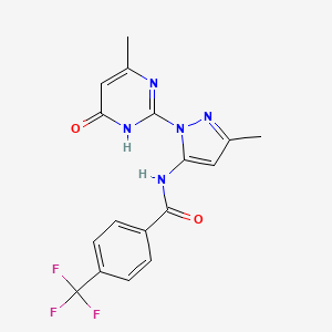 molecular formula C17H14F3N5O2 B2383416 N-(3-methyl-1-(4-methyl-6-oxo-1,6-dihydropyrimidin-2-yl)-1H-pyrazol-5-yl)-4-(trifluoromethyl)benzamide CAS No. 1004638-08-7