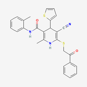 molecular formula C27H23N3O2S2 B2383455 5-cyano-2-methyl-N-(2-methylphenyl)-6-[(2-oxo-2-phenylethyl)sulfanyl]-4-(thiophen-2-yl)-1,4-dihydropyridine-3-carboxamide CAS No. 330558-04-8