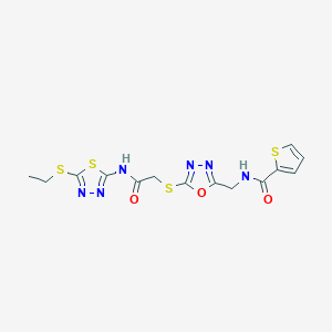 molecular formula C14H14N6O3S4 B2383463 N-({5-[({[5-(ethylsulfanyl)-1,3,4-thiadiazol-2-yl]carbamoyl}methyl)sulfanyl]-1,3,4-oxadiazol-2-yl}methyl)thiophene-2-carboxamide CAS No. 851861-44-4