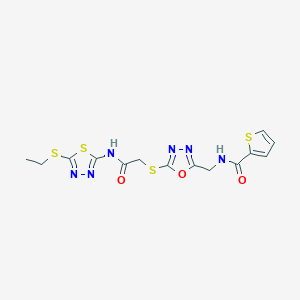 molecular formula C14H14N6O3S4 B2383463 N-[[5-[2-[(5-ethylsulfanyl-1,3,4-thiadiazol-2-yl)amino]-2-oxoethyl]sulfanyl-1,3,4-oxadiazol-2-yl]methyl]thiophene-2-carboxamide CAS No. 851861-44-4