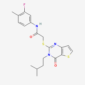 molecular formula C20H22FN3O2S2 B2383492 N-(3-fluoro-4-methylphenyl)-2-{[3-(3-methylbutyl)-4-oxo-3,4-dihydrothieno[3,2-d]pyrimidin-2-yl]sulfanyl}acetamide CAS No. 1252840-77-9