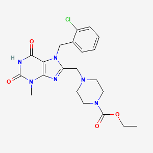 molecular formula C21H25ClN6O4 B2383673 Ethyl 4-[[7-[(2-chlorophenyl)methyl]-3-methyl-2,6-dioxopurin-8-yl]methyl]piperazine-1-carboxylate CAS No. 862979-66-6