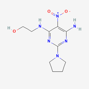 molecular formula C10H16N6O3 B2383890 2-((6-Amino-5-nitro-2-(pyrrolidin-1-yl)pyrimidin-4-yl)amino)ethanol CAS No. 674329-06-7