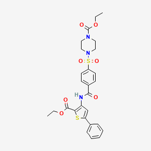 molecular formula C27H29N3O7S2 B2384139 ethyl 4-(4-{[2-(ethoxycarbonyl)-5-phenylthiophen-3-yl]carbamoyl}benzenesulfonyl)piperazine-1-carboxylate CAS No. 398999-06-9