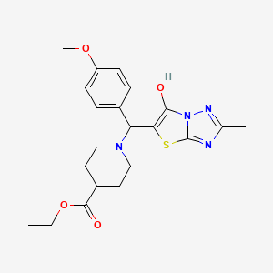 Ethyl 1-((6-hydroxy-2-methylthiazolo[3,2-b][1,2,4]triazol-5-yl)(4-methoxyphenyl)methyl)piperidine-4-carboxylate