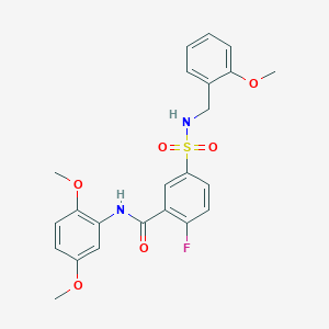 molecular formula C23H23FN2O6S B2384412 N-(2,5-dimethoxyphenyl)-2-fluoro-5-{[(2-methoxyphenyl)methyl]sulfamoyl}benzamide CAS No. 451500-12-2