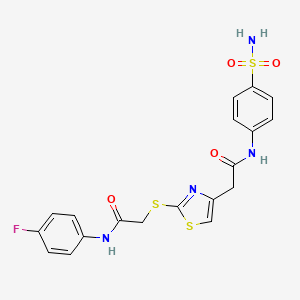 molecular formula C19H17FN4O4S3 B2384420 N-(4-fluorophenyl)-2-((4-(2-oxo-2-((4-sulfamoylphenyl)amino)ethyl)thiazol-2-yl)thio)acetamide CAS No. 941921-86-4