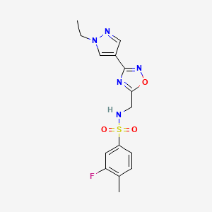 molecular formula C15H16FN5O3S B2384430 N-((3-(1-ethyl-1H-pyrazol-4-yl)-1,2,4-oxadiazol-5-yl)methyl)-3-fluoro-4-methylbenzenesulfonamide CAS No. 2034230-67-4
