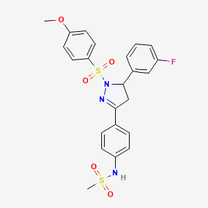 molecular formula C23H22FN3O5S2 B2384549 N-{4-[5-(3-fluorophenyl)-1-(4-methoxybenzenesulfonyl)-4,5-dihydro-1H-pyrazol-3-yl]phenyl}methanesulfonamide CAS No. 851781-15-2