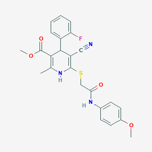 molecular formula C24H22FN3O4S B2384567 Methyl 5-cyano-4-(2-fluorophenyl)-6-[2-(4-methoxyanilino)-2-oxoethyl]sulfanyl-2-methyl-1,4-dihydropyridine-3-carboxylate CAS No. 701226-67-7