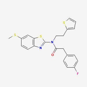 molecular formula C22H19FN2OS3 B2384573 2-(4-fluorophenyl)-N-(6-(methylthio)benzo[d]thiazol-2-yl)-N-(2-(thiophen-2-yl)ethyl)acetamide CAS No. 922471-85-0