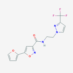 molecular formula C14H11F3N4O3 B2384588 5-(furan-2-yl)-N-(2-(3-(trifluoromethyl)-1H-pyrazol-1-yl)ethyl)isoxazole-3-carboxamide CAS No. 1448065-54-0