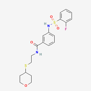 molecular formula C20H23FN2O4S2 B2384658 3-(2-fluorophenylsulfonamido)-N-(2-((tetrahydro-2H-pyran-4-yl)thio)ethyl)benzamide CAS No. 2034424-38-7