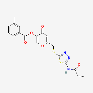 molecular formula C19H17N3O5S2 B2384672 4-oxo-6-(((5-propionamido-1,3,4-thiadiazol-2-yl)thio)methyl)-4H-pyran-3-yl 3-methylbenzoate CAS No. 896017-36-0