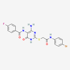 molecular formula C19H15BrFN5O3S B2384777 N-(4-amino-2-((2-((4-bromophenyl)amino)-2-oxoethyl)thio)-6-oxo-1,6-dihydropyrimidin-5-yl)-4-fluorobenzamide CAS No. 888420-32-4