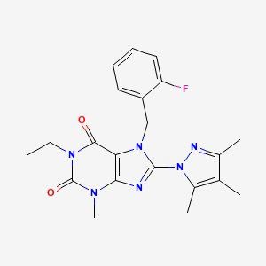 molecular formula C21H23FN6O2 B2384839 1-ethyl-7-(2-fluorobenzyl)-3-methyl-8-(3,4,5-trimethyl-1H-pyrazol-1-yl)-1H-purine-2,6(3H,7H)-dione CAS No. 1014031-31-2