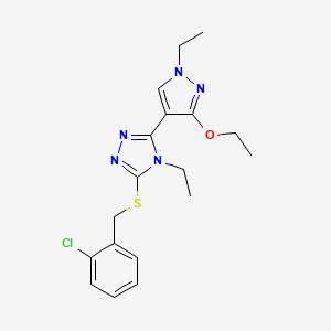 molecular formula C18H22ClN5OS B2385017 3-((2-chlorobenzyl)thio)-5-(3-ethoxy-1-ethyl-1H-pyrazol-4-yl)-4-ethyl-4H-1,2,4-triazole CAS No. 1013776-27-6
