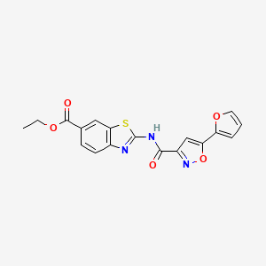 molecular formula C18H13N3O5S B2385150 Ethyl 2-(5-(furan-2-yl)isoxazole-3-carboxamido)benzo[d]thiazole-6-carboxylate CAS No. 1251624-39-1