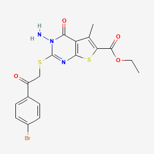 molecular formula C18H16BrN3O4S2 B2385200 ethyl 3-amino-2-{[2-(4-bromophenyl)-2-oxoethyl]sulfanyl}-5-methyl-4-oxo-3H,4H-thieno[2,3-d]pyrimidine-6-carboxylate CAS No. 865655-28-3