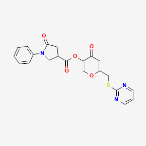 molecular formula C21H17N3O5S B2385221 4-oxo-6-((pyrimidin-2-ylthio)methyl)-4H-pyran-3-yl 5-oxo-1-phenylpyrrolidine-3-carboxylate CAS No. 877638-27-2