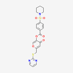 molecular formula C22H21N3O6S2 B2385293 4-oxo-6-((pyrimidin-2-ylthio)methyl)-4H-pyran-3-yl 4-(piperidin-1-ylsulfonyl)benzoate CAS No. 877637-71-3