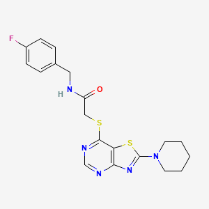molecular formula C19H20FN5OS2 B2385454 N-(4-fluorobenzyl)-2-((2-(piperidin-1-yl)thiazolo[4,5-d]pyrimidin-7-yl)thio)acetamide CAS No. 1216663-81-8
