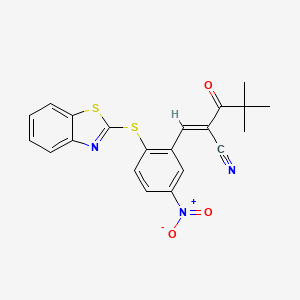 molecular formula C21H17N3O3S2 B2385579 3-(2-Benzothiazol-2-ylthio-5-nitrophenyl)-2-(2,2-dimethylpropanoyl)prop-2-enenitrile CAS No. 1025575-51-2