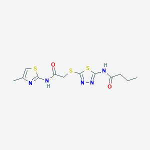 molecular formula C12H15N5O2S3 B2385668 N-(5-((2-((4-methylthiazol-2-yl)amino)-2-oxoethyl)thio)-1,3,4-thiadiazol-2-yl)butyramide CAS No. 868976-26-5