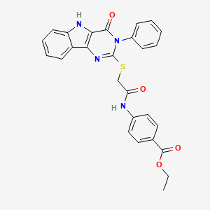 molecular formula C27H22N4O4S B2385688 ethyl 4-(2-((4-oxo-3-phenyl-4,5-dihydro-3H-pyrimido[5,4-b]indol-2-yl)thio)acetamido)benzoate CAS No. 537668-78-3